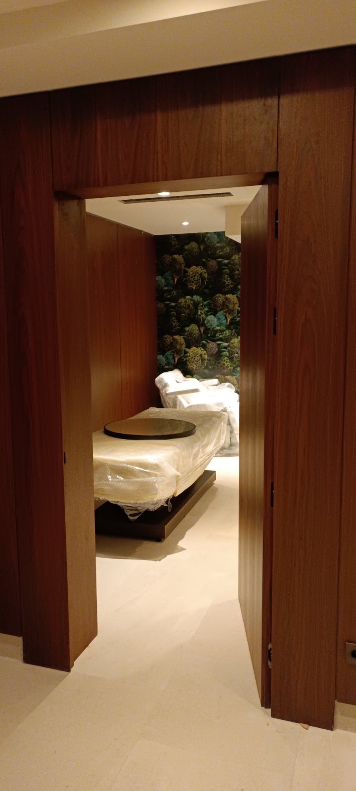 View through wooden door of a room with covered furniture and a wall with a green coral pattern.